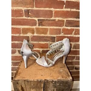 Silver Satin Crystal Tassel Ankle Strap Heels Wedding Party Sandals